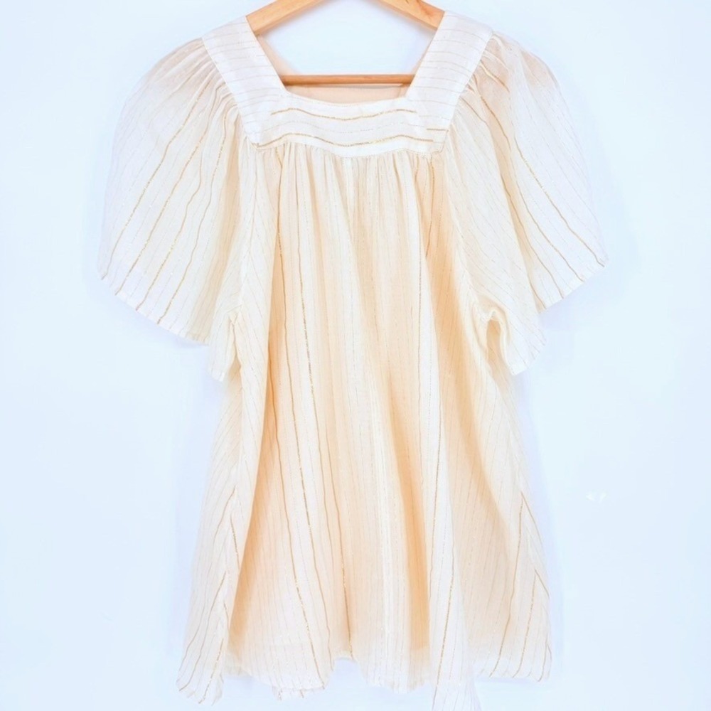Billabong Cream Gold Stripe Flutter Sleeve Boho Gauze Square Neck Flowy Top M‎